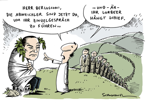Cartoon: Berlusconi mit Abweichlern (medium) by Schwarwel tagged berlusconi,gespräch,abweichler,karikatur,schwarwel