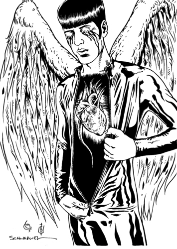Cartoon: bigotted angel (medium) by Schwarwel tagged träne,liebe,traurig,seele,herz,schwarwel,illustration,flügel,mann,angel,engel,engel,angel,illustration,seele,traurig,liebe