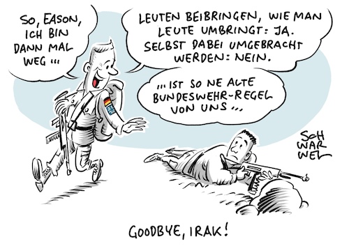 Cartoon: Bundeswehr Irak Einsatz (medium) by Schwarwel tagged bundeswehr,soldat,soldaten,armee,herr,krieg,frieden,waffen,gewalt,waffengewalt,irak,ausbildungseinsatz,einsatz,panzer,luftwaffe,von,der,leyen,militär,naher,osten,bundeswehreinsatz,kriegsgebiet,krisenregion,streitkräfte,bundesverteidigungsministerium,bundeswehrsoldaten,kampft,terrormiliz,is,islamischer,staat,syrien,kurden,atomabkommen,atomdeal,atomwaffen,cartoon,karikatur,schwarwel,bundeswehr,soldat,soldaten,armee,herr,krieg,frieden,waffen,gewalt,waffengewalt,irak,ausbildungseinsatz,einsatz,panzer,luftwaffe,von,der,leyen,militär,naher,osten,bundeswehreinsatz,kriegsgebiet,krisenregion,streitkräfte,bundesverteidigungsministerium,bundeswehrsoldaten,kampft,terrormiliz,is,islamischer,staat,syrien,kurden,atomabkommen,atomdeal,atomwaffen,cartoon,karikatur,schwarwel