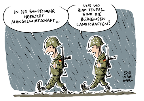 Cartoon: Bundeswehr Mangelwirtschaft (medium) by Schwarwel tagged bundeswehr,armee,soldat,soldaten,krieg,waffen,panzer,gewalt,wehrdienst,wehrpflicht,mangelwirtschaft,mangel,ddr,blühende,landschaften,wehrbeauftragter,kriegsschiffe,flugzeuge,ursula,von,der,leyen,truppe,personalmangel,offizier,unteroffizier,militär,streitkräfte,berufsarmee,cartoon,karikatur,schwarwel,bundeswehr,armee,soldat,soldaten,krieg,waffen,panzer,gewalt,wehrdienst,wehrpflicht,mangelwirtschaft,mangel,ddr,blühende,landschaften,wehrbeauftragter,kriegsschiffe,flugzeuge,ursula,von,der,leyen,truppe,personalmangel,offizier,unteroffizier,militär,streitkräfte,berufsarmee,cartoon,karikatur,schwarwel