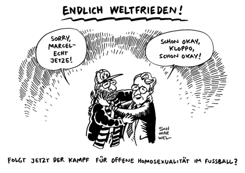 Cartoon: BVB Ärger Klopp Marcel Reif (medium) by Schwarwel tagged bvb,ärger,trainer,klopp,marcel,reif,entschuldigung,kommentator,fußball,sport,karikatur,schwarwel,ball,spielfeld,tor,rasen,weltfrieden,frieden,homosexualität,bvb,ärger,trainer,klopp,marcel,reif,entschuldigung,kommentator,fußball,sport,karikatur,schwarwel,ball,spielfeld,tor,rasen,weltfrieden,frieden,homosexualität