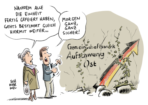 Cartoon: Deutsche Einheit Ost West (medium) by Schwarwel tagged ost,west,ossi,ossis,wessi,friedliche,revolution,wende,wiedervereinigung,aufschwung,deutsche,einheit,tag,der,deutschen,ddr,honecker,diktatur,demokratie,unrechtsstaat,unrechtssystem,sed,1989,mauer,mauerfall,helmut,kohl,karikatur,schwarwel,ost,west,ossi,ossis,wessi,friedliche,revolution,wende,wiedervereinigung,aufschwung,deutsche,einheit,tag,der,deutschen,ddr,honecker,diktatur,demokratie,unrechtsstaat,unrechtssystem,sed,1989,mauer,mauerfall,helmut,kohl,karikatur,schwarwel