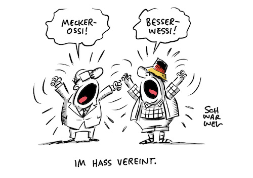 Cartoon: Deutsche Einheit Ost West (medium) by Schwarwel tagged deutsche,einheit,ddr,brd,friedliche,revolution,wende,mauer,mauerfall,ost,osten,west,westen,ossis,wessis,wiedervereinigung,hass,hetze,besserwessi,blühende,landschaften,identität,cartoon,karikatur,schwarwel,deutsche,einheit,ddr,brd,friedliche,revolution,wende,mauer,mauerfall,ost,osten,west,westen,ossis,wessis,wiedervereinigung,hass,hetze,besserwessi,blühende,landschaften,identität,cartoon,karikatur,schwarwel