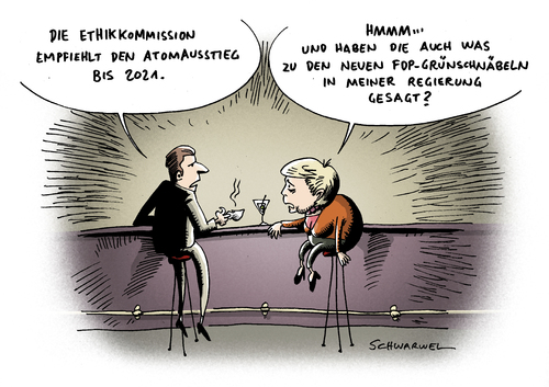 Cartoon: Ethikkommission Atomausstieg (medium) by Schwarwel tagged ethikkommission,empfiehlt,atomausstieg,ethik,atom,ausstieg,nuklear,angie,merkel,fdp,westerwelle,guido,kanzlerin,deutschland,politik,partei,kabinett,schwarz,gelb,minister,novize,fraktion,philipp,rösler,wirtschaft,finanzen,kristina,schröder,familie,daniel,bahr,gesundheit,ressort,karikatur,schwarwel,ethikkommission,atomausstieg,ethik,atom,ausstieg,nuklear,angela merkel,fdp,westerwelle,kanzlerin,deutschland,angela,merkel