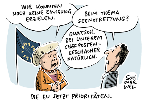 Cartoon: EU Posten Migraftionspolitik (medium) by Schwarwel tagged eu,europäische,union,europa,merkel,marcon,deutschland,frankreich,regierungschefs,staatschefs,bundeskanzlerin,posten,personal,gipfel,neubesetzung,spitzenpositionen,präsident,sondergipfel,juncker,nachfolge,flüchtlinge,geflüchtete,flüchtlingskrise,flüchtlingspolitik,migrationspolitik,seenotrettung,freecarolarackete,carola,rackete,kapitänin,seawatch,flüchtlingsroute,seenot,italien,lampedusa,politik,politiker,parlament,migration,cartoon,karikatur,schwarwel,eu,europäische,union,europa,merkel,marcon,deutschland,frankreich,regierungschefs,staatschefs,bundeskanzlerin,posten,personal,gipfel,neubesetzung,spitzenpositionen,präsident,sondergipfel,juncker,nachfolge,flüchtlinge,geflüchtete,flüchtlingskrise,flüchtlingspolitik,migrationspolitik,seenotrettung,freecarolarackete,carola,rackete,kapitänin,seawatch,flüchtlingsroute,seenot,italien,lampedusa,politik,politiker,parlament,migration,cartoon,karikatur,schwarwel