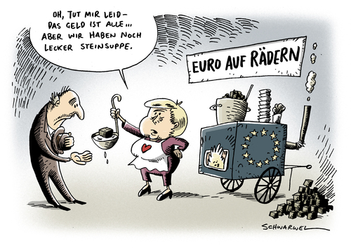 Cartoon: EURO auf Rädern (medium) by Schwarwel tagged wirtschaft,geld,suppe,stein,angie,angela,merkel,hauptlast,last,deutschland,eurobonds,eurozone,eu,euro,finanzen,politik,europäische,union,karikatur,schwarwel,euro,eu,eurozone,eurobonds,hauptlast,last,merkel,wirtschaft