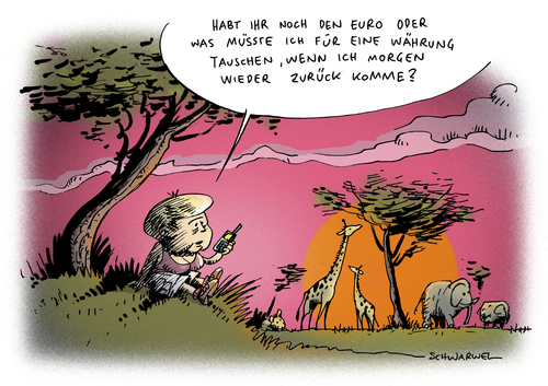 Cartoon: Eurokrise Merkel Afrika (medium) by Schwarwel tagged euro,krise,merkel,angela,angie,afrika,besuch,eu,europäische,union,geld,finanzen,währung,politik,bank,bundesbank,regierung,chaos,rettung,bankrott,staat,land,schulden,kariatur,schwarwel,elefant,tier,giraffe,sonne,hitze,wärme,telefon,handy,euro,krise,merkel,angela,afrika,besuch,eu,europäische union,regierung,chaos,rettung,europäische,union