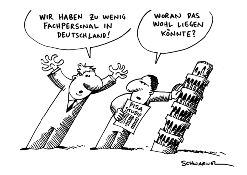 Cartoon: Fachkräfte Mangelware in D (medium) by Schwarwel tagged fachkraft,fachkräfte,fachkräftemangel,pisa,angela,merkel,brüderle,ausland,begrüßungsgeld,fdp,wirtschaftsminister,experte,deutschland,mangelware,karikatur,schwarwel