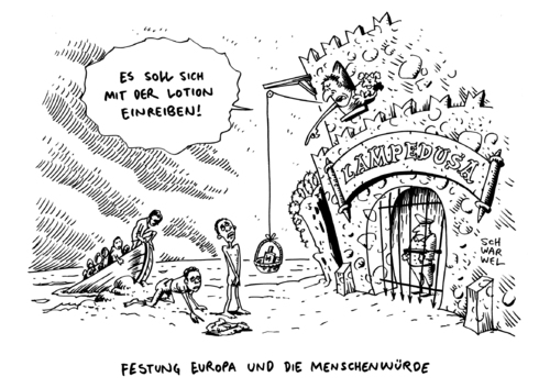 Cartoon: Flüchtlingsdrama Lampedusa (medium) by Schwarwel tagged flüchtlingsdrama,lampedusa,menschenunwürdig,flüchtlinge,brutalität,grausam,drama,krankheit,das,schweigen,der,lämmer,neger,schwarze,festung,europa,politik,ausland,maltesisches,schiff,tod,tote,retter,rettung,flüchtlingskatastrophe,italien,insel,wasser,ertrinken,karikatur,schwarwel,hilfe,regierung,flüchtlingsdrama,lampedusa,menschenunwürdig,flüchtlinge,brutalität,grausam,drama,krankheit,das,schweigen,der,lämmer,neger,schwarze,festung,europa,politik,ausland,maltesisches,schiff,tod,tote,retter,rettung,flüchtlingskatastrophe,italien,insel,wasser,ertrinken,karikatur,schwarwel,hilfe,regierung