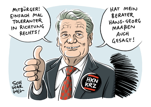 Cartoon: Gauck Toleranz Richtung rechts (medium) by Schwarwel tagged gauck,bundespräsident,forderung,toleranz,richtung,rechts,konservativ,rechtsextrem,rechtsextremismus,rechtsruck,rechtspopulisten,rechtspopulismus,exbundespräsident,afd,alternative,für,deutschland,rassismus,rassisten,nazi,nazis,neonazis,gauland,höcke,von,storch,ausländerfeindlichkeit,cartoon,karikatur,schwarwel,rechtsextremistisch,rechtsradikal,patriotismus,heimat,heimatliebe,demokratie,gauck,bundespräsident,forderung,toleranz,richtung,rechts,konservativ,rechtsextrem,rechtsextremismus,rechtsruck,rechtspopulisten,rechtspopulismus,exbundespräsident,afd,alternative,für,deutschland,rassismus,rassisten,nazi,nazis,neonazis,gauland,höcke,von,storch,ausländerfeindlichkeit,cartoon,karikatur,schwarwel,rechtsextremistisch,rechtsradikal,patriotismus,heimat,heimatliebe,demokratie