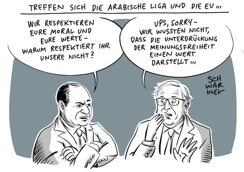 Cartoon: Gipfel EU und Arabische Liga (medium) by Schwarwel tagged gipfel,eu,europäische,union,arabische,liga,streit,menschenrechte,menschlichkeit,humanismus,grundrechte,eklat,abschlusskonferenz,konferenz,moral,werte,meinungsfreiheit,freiheit,cartoon,karikatur,schwarwel,gipfel,eu,europäische,union,arabische,liga,streit,menschenrechte,menschlichkeit,humanismus,grundrechte,eklat,abschlusskonferenz,konferenz,moral,werte,meinungsfreiheit,freiheit,cartoon,karikatur,schwarwel