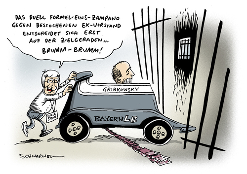 Cartoon: Gribkowsky Ecclestone (medium) by Schwarwel tagged karikatur,schwarwel,ex,vorstand,gribkowsky,verhandlungstag,bestechung,bestechungsvorwürfe,recht,formel,eins,chef,ecclestone,euro,gunsten,deal,vertrag,bayernlb,bank,schaden,millionen,geld,finanzen,ex,vorstand,bestechung,gribkowsky,formel eins,formel,eins