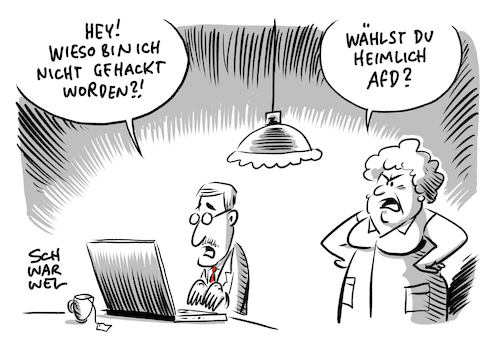 Cartoon: Hackerangriffe auf Politiker (medium) by Schwarwel tagged hacker,hacken,hackerangriff,prominente,politiker,afd,cyberattacke,alternative,für,deutschland,computer,daten,datenschutz,cyber,pc,mac,sarrazin,rechts,nazi,nazis,rechtsextrem,rechtsextremismus,rechtspopulismus,populisten,spd,partei,parteien,politik,datenklau,martin,schulz,hack,hacks,nachrichten,geheime,passwort,twitter,account,social,media,soziale,netzwerke,bundestag,abgeordnete,landeskriminalamt,bundestagsabgeordnete,bundesminister,minister,software,internet,www,world,wide,web,plattform,rassismus,rassisten,rassistisch,telefonnummer,chat,hats,doxxing,privatsphäre,personenbezogene,datenmissbrauch,cartoon,karikatur,schwarwel,hacker,hacken,hackerangriff,prominente,politiker,afd,cyberattacke,alternative,für,deutschland,computer,daten,datenschutz,cyber,pc,mac,sarrazin,rechts,nazi,nazis,rechtsextrem,rechtsextremismus,rechtspopulismus,populisten,spd,partei,parteien,politik,datenklau,martin,schulz,hack,hacks,nachrichten,geheime,passwort,twitter,account,social,media,soziale,netzwerke,bundestag,abgeordnete,landeskriminalamt,bundestagsabgeordnete,bundesminister,minister,software,internet,www,world,wide,web,plattform,rassismus,rassisten,rassistisch,telefonnummer,chat,hats,doxxing,privatsphäre,personenbezogene,datenmissbrauch,cartoon,karikatur,schwarwel