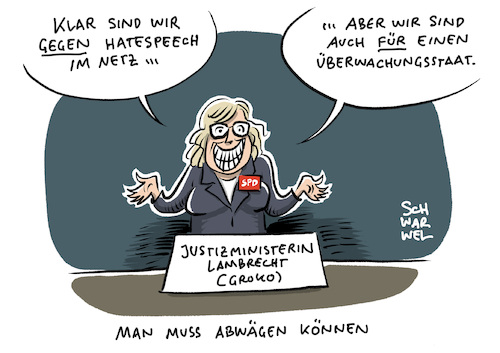 Cartoon: Lembrecht Hatespeech Gesetz (medium) by Schwarwel tagged hatespeech,hass,hetze,hassrede,passwort,lambrecht,gesetz,gesetze,verunglimpfung,volksverhetzung,netzwerkdurchsetzungsgesetz,netzdg,justizministerin,delikte,straftaten,passwörter,facebook,strafverfolgungsbehörden,datenschutz,datenschutzbeauftragte,hatespeech