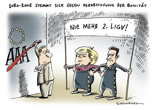 Cartoon: Herabstufung Bonität (medium) by Schwarwel tagged euro,zone,herabstufung,bonitaet,merkel,finanzen,wirtschaft,geld,karikatur,schwarwel,euro,zone,herabstufung,bonität,finanzen,ratingagentur