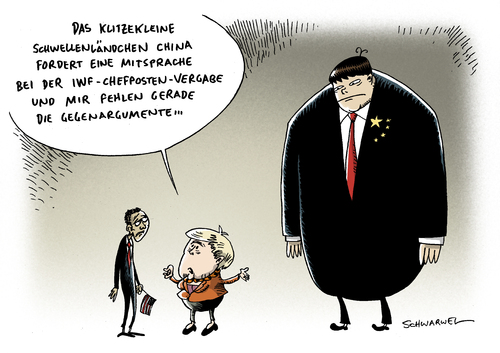 Cartoon: IWF Chefsache China (medium) by Schwarwel tagged china,iwf,chef,posten,vergabe,mitsprache,nachfolge,dominique,strauss,kahn,rücktritt,brasilien,schäuble,merkel,angela,angie,eu,europäisch,international,währung,fond,vergewaltigung,gesetz,strafe,nötigung,außenministerium,jiang,yu,presse,konferenz,land,staat,schwellenland,karikatur,schwarwel,strauss kahn,iwf,nachfolge,streit,chef,machtkampf,wirtschaft,strauss,kahn,haft,vergewaltigung,untersuchungshaft,kachelmann,nachfolger,vorwurf,rücktritt,währungsfonds,vergabe,mitsprache,brasilien,merkel,eu,china