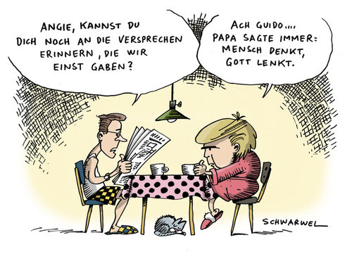 Cartoon: Koalitionsversprechen (medium) by Schwarwel tagged koalitionsversprechen,koalition,versprechen,angela,merkel,guido,westerwelle,partei,deutschland,regierung,cdu,fdp,karikatur,schwarwel