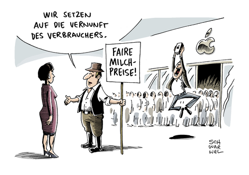 Cartoon: Lebensmittel Tiefer Milchpreis (medium) by Schwarwel tagged lebensmittel,tiefer,milchpreis,milch,preis,verkauf,europäische,union,eu,bauern,landwirtschaft,demo,demonstration,straße,karikatur,schwarwel,verbraucher,konsument,käufer,iphone,streik,lebensmittel,tiefer,milchpreis,milch,preis,verkauf,europäische,union,eu,bauern,landwirtschaft,demo,demonstration,straße,karikatur,schwarwel,verbraucher,konsument,käufer,iphone,streik