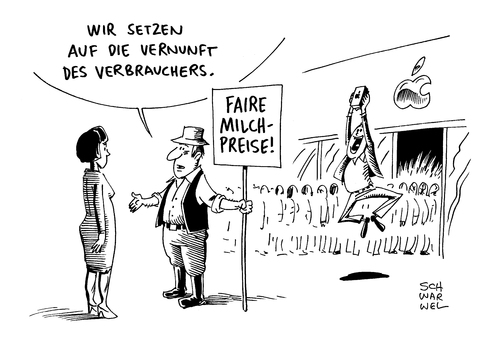 Cartoon: Lebensmittel Tiefer Milchpreis (medium) by Schwarwel tagged lebensmittel,tiefer,milchpreis,milch,preis,verkauf,europäische,union,eu,bauern,landwirtschaft,demo,demonstration,straße,karikatur,schwarwel,verbraucher,konsument,käufer,iphone,streik,lebensmittel,tiefer,milchpreis,milch,preis,verkauf,europäische,union,eu,bauern,landwirtschaft,demo,demonstration,straße,karikatur,schwarwel,verbraucher,konsument,käufer,iphone,streik