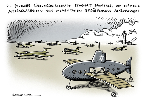 Cartoon: Luftwaffe Israel Uboot (medium) by Schwarwel tagged luftwaffe,israel,angriff,iran,uboot,deutshcland,rüstung,unternehmen,krieg,waffen,geld,wirtschaft,finanzen,macht,politik,terror,gewalt,karikatur,schwarwel,luftwaffe,israel,angriff,iran,uboot,rüstung,waffen,krieg