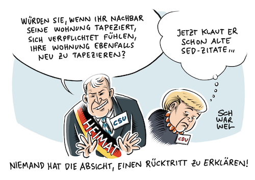 Cartoon: Merkel Seehofer Rücktritt (medium) by Schwarwel tagged angela,merkel,parteivorsitz,cdu,partei,politik,politiker,bundeskanzlerin,bundeskanzler,kanzlerin,parteichefin,amtsniederlegung,rücktritt,rücktrittsforderungen,horst,seehofer,csu,bayern,bundesinnenminister,innenminister,heimatminister,heimatministerium,cartoon,karikatur,schwarwel,angela,merkel,parteivorsitz,cdu,partei,politik,politiker,bundeskanzlerin,bundeskanzler,kanzlerin,parteichefin,amtsniederlegung,rücktritt,rücktrittsforderungen,horst,seehofer,csu,bayern,bundesinnenminister,innenminister,heimatminister,heimatministerium,cartoon,karikatur,schwarwel