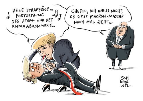 Cartoon: Merkel Trump Industriezölle (medium) by Schwarwel tagged angela,merkel,deutschland,politikerin,politik,bundeskanzlerin,kanzlerin,donald,trump,us,usa,president,präsident,make,america,great,again,first,weißes,haus,emmanuel,macron,staatspräsident,frankreich,staatschef,regierungschef,regierung,weltmächte,eu,europäische,union,euro,verhandlungen,strafzölle,strafzoll,import,export,atomabkommen,klimaabkommen,klimaschutz,atomdeal,atomkrieg,kim,jong,un,nordkorea,industriezölle,zoll,zölle,stahl,aluminium,bundeswirtschaftsminister,wirtschaftsminister,minister,peter,altmaier,handelsstreit,iran,cartoon,karikatur,schwarwel,angela,merkel,deutschland,politikerin,politik,bundeskanzlerin,kanzlerin,donald,trump,us,usa,president,präsident,make,america,great,again,first,weißes,haus,emmanuel,macron,staatspräsident,frankreich,staatschef,regierungschef,regierung,weltmächte,eu,europäische,union,euro,verhandlungen,strafzölle,strafzoll,import,export,atomabkommen,klimaabkommen,klimaschutz,atomdeal,atomkrieg,kim,jong,un,nordkorea,industriezölle,zoll,zölle,stahl,aluminium,bundeswirtschaftsminister,wirtschaftsminister,minister,peter,altmaier,handelsstreit,iran,cartoon,karikatur,schwarwel