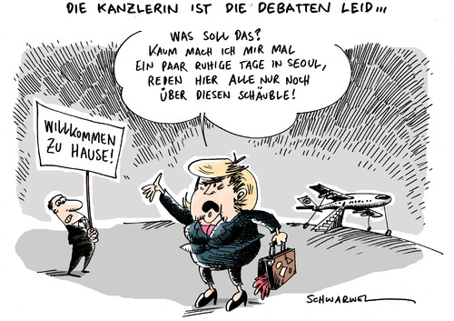 Cartoon: Merkel und Schäuble-Debatte (medium) by Schwarwel tagged angela,merkel,schäuble,debatte,deutschland,regierung,republik,polititik,polititiker,karikatur,schwarwel,kanzlerin,seoul,flugzeug,streit,angela merkel,debatte,schäuble,regierung,deutschland,republik,kanzlerin,flugzeug,seoul,streit,angela,merkel