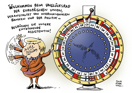 Cartoon: Merkel Zypern bankrott (medium) by Schwarwel tagged merkel,zypern,bankrott,geld,wirtschaft,finanzen,krise,glücksrad,politik,europäische,union,banken,karikatur,schwarwel,merkel,zypern,bankrott,geld,wirtschaft,finanzen,krise,glücksrad,politik,europäische,union,banken,karikatur,schwarwel
