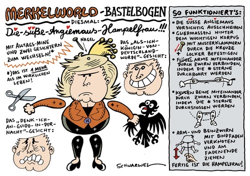 Cartoon: Merkelworld-Bastelbogen (medium) by Schwarwel tagged merkel,angela,angie,deutschland,politik,politiker,chef,führung,gesicht,basteln,bastelbogen,hampelmann,karikatur,schwarwel,cartoon,witz,guido,westerwelle,partei,adler,könig,königin,angiemaus,hampelfrau,angela merkel,deutschland,führung,chef,basteln,bastelbogen,hampelmann,gesicht,angela,merkel