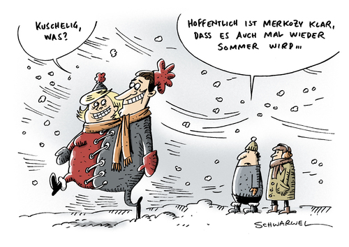 Cartoon: Merkozy Merkel Wahlkampf (medium) by Schwarwel tagged bundeskanzlerin,angela,angie,merkel,premier,frankreich,sarkozy,wahl,wahlkampf,wahlkampfsenung,herausforderung,hollande,winter,kälte,politik,politiker,deutschland,staat,tv,fernsehen,karikatur,schwarwel,merkel,sarkozy,wahl,wahlkampf,wahlkampfsenung,herausforderung,frankreich