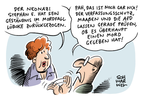 Cartoon: Mordfall Lübcke Stephan E (medium) by Schwarwel tagged mordfall,lübcke,cdu,politiker,stephan,mord,tot,tod,anwalt,geständnis,rechtsterrorismus,rechtsterrorist,rechtsextremistische,straftat,rechtsextremismus,rechtsextrem,rassismus,rassisten,ausländerhass,ausländerfeindlichkeit,ausländer,migranten,migration,flüchtlingspolitik,migrationspolitik,afd,alternative,für,deutschland,nazi,nazis,neonazis,verfassungsschutz,maaßen,cartoon,karikatur,schwarwel,mordfall,lübcke,cdu,politiker,stephan,mord,tot,tod,anwalt,geständnis,rechtsterrorismus,rechtsterrorist,rechtsextremistische,straftat,rechtsextremismus,rechtsextrem,rassismus,rassisten,ausländerhass,ausländerfeindlichkeit,ausländer,migranten,migration,flüchtlingspolitik,migrationspolitik,afd,alternative,für,deutschland,nazi,nazis,neonazis,verfassungsschutz,maaßen,cartoon,karikatur,schwarwel