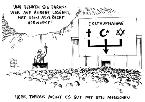 Cartoon: Muslime in Deutschland Toprak (medium) by Schwarwel tagged muslime,in,deutschland,toprak,bundesarbeitsgemeinschaft,präsident,immigrantenverbände,ali,ertan,bekenntnis,freiheitlich,demokratische,grundordnung,karikatur,schwarwel,asyl,asylsuchende,migranten,flüchtlinge,flüchtlingspolitik,aufnahme,aufnahmelager,muslime,in,deutschland,toprak,bundesarbeitsgemeinschaft,präsident,immigrantenverbände,ali,ertan,bekenntnis,freiheitlich,demokratische,grundordnung,karikatur,schwarwel,asyl,asylsuchende,migranten,flüchtlinge,flüchtlingspolitik,aufnahme,aufnahmelager