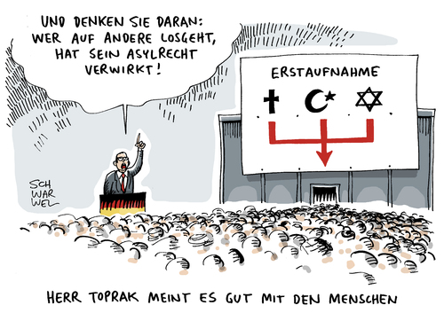 Cartoon: Muslime in Deutschland Toprak (medium) by Schwarwel tagged muslime,in,deutschland,toprak,bundesarbeitsgemeinschaft,präsident,immigrantenverbände,ali,ertan,bekenntnis,freiheitlich,demokratische,grundordnung,karikatur,schwarwel,asyl,asylsuchende,migranten,flüchtlinge,flüchtlingspolitik,aufnahme,aufnahmelager,muslime,in,deutschland,toprak,bundesarbeitsgemeinschaft,präsident,immigrantenverbände,ali,ertan,bekenntnis,freiheitlich,demokratische,grundordnung,karikatur,schwarwel,asyl,asylsuchende,migranten,flüchtlinge,flüchtlingspolitik,aufnahme,aufnahmelager