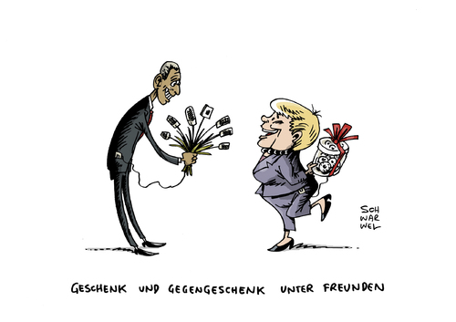 Cartoon: No Spy Obama Merkel (medium) by Schwarwel tagged no,spy,barack,obama,angela,angie,merkel,verweigerung,zustimmung,verstimmung,geschenk,valentinstag,gegenschenk,freunde,aufmerksamkeit,karikatur,schwarwel,no,spy,barack,obama,angela,angie,merkel,verweigerung,zustimmung,verstimmung,geschenk,valentinstag,gegenschenk,freunde,aufmerksamkeit,karikatur,schwarwel