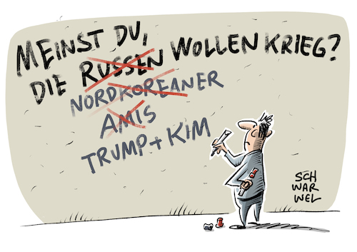 Cartoon: Nordkorea Trump Krieg (medium) by Schwarwel tagged krieg,waffen,terror,gewalt,atombombe,atomwaffen,atomwaffe,us,usa,amerika,russland,putin,donald,trump,kim,jong,un,militär,militäreinsatz,regierungschefs,staatschefs,präsident,präsidenten,rede,feuer,und,wut,pjöngjang,territorium,raketenangriff,raketen,atomkrieg,eskalation,konflikt,guam,atomprogramm,interkontinentalrakete,raketentest,sanktion,sanktionen,karikatur,schwarwel,militärschlag,armee,soldaten,japan,china,südkorea,korea,macht,streitkräfte,rüstungswettlauf,aufrüstung,atomare,bewaffnung,atomar,krieg,waffen,terror,gewalt,atombombe,atomwaffen,atomwaffe,us,usa,amerika,russland,putin,donald,trump,kim,jong,un,militär,militäreinsatz,regierungschefs,staatschefs,präsident,präsidenten,rede,feuer,und,wut,pjöngjang,territorium,raketenangriff,raketen,atomkrieg,eskalation,konflikt,guam,atomprogramm,interkontinentalrakete,raketentest,sanktion,sanktionen,karikatur,schwarwel,militärschlag,armee,soldaten,japan,china,südkorea,korea,macht,streitkräfte,rüstungswettlauf,aufrüstung,atomare,bewaffnung,atomar