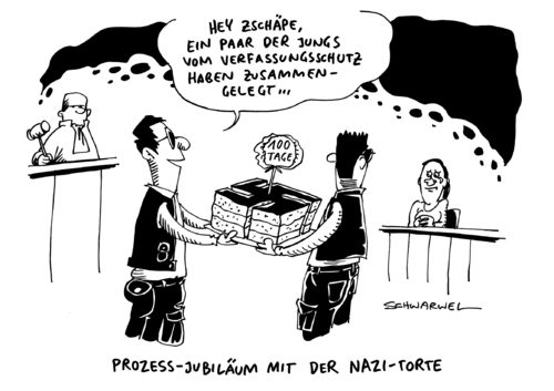 Cartoon: NSU Prozess Beate Zschäpe (medium) by Schwarwel tagged nsu,prozess,beate,zschäpe,nazi,torte,neonazi,männer,verfassungsschutz,gewalt,terror,rechts,rechtsextremismus,verdeckte,ermittler,nazitorte,geschenk,gericht,recht,gesetz,verhandlung,richter,zeuge,rechtsextrem,thüringer,heimatschutz,jena,zwickau,sachsen,karikatur,schwarwel,nsu,prozess,beate,zschäpe,nazi,torte,neonazi,männer,verfassungsschutz,gewalt,terror,rechts,rechtsextremismus,verdeckte,ermittler,nazitorte,geschenk,gericht,recht,gesetz,verhandlung,richter,zeuge,rechtsextrem,thüringer,heimatschutz,jena,zwickau,sachsen,karikatur,schwarwel