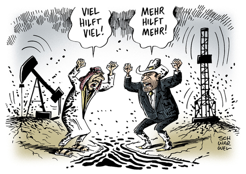 Cartoon: OPEC contra US Frackingindustrie (medium) by Schwarwel tagged opec,contra,amerika,öl,ölmarkt,markt,arabien,us,usa,fracking,industrie,unternehmen,pleite,karikatur,schwarwel,saudi,opec,contra,amerika,öl,ölmarkt,markt,arabien,us,usa,fracking,industrie,unternehmen,pleite,karikatur,schwarwel,saudi