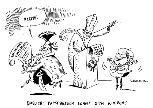 Cartoon: Pabstbesuch in Deutschland (medium) by Schwarwel tagged pabst,pabstbesuch,besuch,deutschland,kirche,religion,oberhaupt,staat,merkel,angela,angie,politik,geld,wirtschaft,finanzen,macht,freibrief,euro,eurozone,kritik,benedikt,europa,krise,finanzmarkt,pontifex,bischof,katholik,katholisch,karikatur,schwarwel,papst,papstbesuch,besuch,religion,kirche