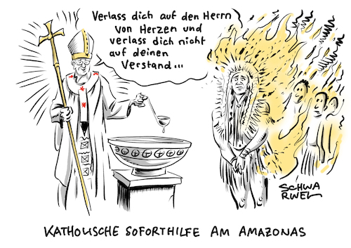 Cartoon: Papst Amazonas Synode (medium) by Schwarwel tagged bischöfe,bischof,papst,amazonas,synode,sprengkraft,kirche,religion,vatikan,bischofssynode,katholisch,katholische,rom,cartoon,karikatur,schwarwel,bischöfe,bischof,papst,amazonas,synode,sprengkraft,kirche,religion,vatikan,bischofssynode,katholisch,katholische,rom,cartoon,karikatur,schwarwel