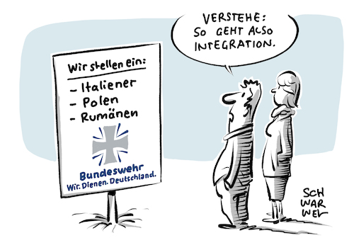 Cartoon: Personalnot bei der Bundeswehr (medium) by Schwarwel tagged bundeswehr,von,der,leyen,personalnot,personal,arbeit,job,beruf,militär,gehalt,lohn,krieg,frieden,soldat,soldaten,italiener,polen,rumänen,ausländer,integration,armee,armeedienst,nationalität,bundeswehrsoldaten,vertiedigung,verteidigungsministerium,rekrut,rekrutierung,streitkräfte,heer,soldatenjobs,soldatenjob,kampfeinheit,kampf,panzer,waffe,waffengewalt,bombe,bomber,cartoon,karikatur,schwarwel,bundeswehr,von,der,leyen,personalnot,personal,arbeit,job,beruf,militär,gehalt,lohn,krieg,frieden,soldat,soldaten,italiener,polen,rumänen,ausländer,integration,armee,armeedienst,nationalität,bundeswehrsoldaten,vertiedigung,verteidigungsministerium,rekrut,rekrutierung,streitkräfte,heer,soldatenjobs,soldatenjob,kampfeinheit,kampf,panzer,waffe,waffengewalt,bombe,bomber,cartoon,karikatur,schwarwel