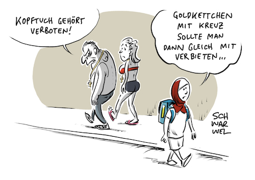 Cartoon: Populistische Kopftuch Debatte (medium) by Schwarwel tagged populismus,rechtspopulismus,rechtspopulisten,populisten,populistisch,rechtsextrem,rechtsextremismus,konservativ,kirche,glaube,gott,religion,jesus,christlich,christen,kreuz,kirchliche,symbols,moslems,moslem,muslime,kopftuch,kopftuchdebatte,fundamentalistisch,fundamentalismus,verschleierung,schleier,burka,gleichstellung,gleichberechtigung,freiheit,religiöse,symbole,selbstbestimmung,katholiken,katholisch,rassismus,rassistisch,ausländerfeindlichkeit,ausländerfeindlich,rassenhass,frauen,mädchen,iran,irak,syrien,kopftuchverbot,religionsunmündig,religionsunterricht,religionsfreiheit,schule,bildung,inland,islam,kopftuchzwang,moscheen,integration,migration,flüchtlinge,geflüchtete,flüchtlingskrise,diskriminierung,frauenbewegung,frauenrechte,feminismus,feministin,burkaverbot,kopftuchstreit,um,schulkinder,nikab,islamophob,koran,mohammed,gesichtsschleier,extremismus,islamisten,islamfeindlichkeit,katholische,verhüllungsverbot,cartoon,karikatur,schwarwel,politik,innenpolitik,politiker,populismus,rechtspopulismus,rechtspopulisten,populisten,populistisch,rechtsextrem,rechtsextremismus,konservativ,kirche,glaube,gott,religion,jesus,christlich,christen,kreuz,kirchliche,symbols,moslems,moslem,muslime,kopftuch,kopftuchdebatte,fundamentalistisch,fundamentalismus,verschleierung,schleier,burka,gleichstellung,gleichberechtigung,freiheit,religiöse,symbole,selbstbestimmung,katholiken,katholisch,rassismus,rassistisch,ausländerfeindlichkeit,ausländerfeindlich,rassenhass,frauen,mädchen,iran,irak,syrien,kopftuchverbot,religionsunmündig,religionsunterricht,religionsfreiheit,schule,bildung,inland,islam,kopftuchzwang,moscheen,integration,migration,flüchtlinge,geflüchtete,flüchtlingskrise,diskriminierung,frauenbewegung,frauenrechte,feminismus,feministin,burkaverbot,kopftuchstreit,um,schulkinder,nikab,islamophob,koran,mohammed,gesichtsschleier,extremismus,islamisten,islamfeindlichkeit,katholische,verhüllungsverbot,cartoon,karikatur,schwarwel,politik,innenpolitik,politiker