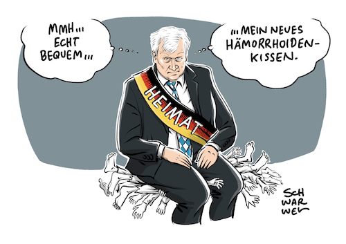 Cartoon: Rücktritt Seehofer im Amt (medium) by Schwarwel tagged horst,seehofer,csu,bayern,heimatminister,heimat,innenminister,politik,politiker,deutschland,partei,rücktritt,asylstreit,merkel,union,cdu,asylkrise,flüchtlingskrise,flüchtlinge,geflüchtete,obergrenze,zaun,grenze,rechtsextrem,rechtsextremismus,rechtspopulismus,rechtspopulisten,populismus,populisten,rassenhass,rassismus,rassistisch,demokratie,ausländerfeindlichkeit,ausländer,flüchtlingsroute,mittelmeer,abschiebung,asylantrag,asylanträge,cartoon,karikatur,schwarwel,unionsstreit,asylpolitik,zurückweisung,asylbewerber,parteichef,parteivorsitzender,bundesinnenminister,asylkompromiss,transitzentren,kz,aufnahmelager,ankunftszentrum,wien,österreich,sebastian,kurz,fpö,migranten,migration,migrationspolitik,außengrenze,italien,eu,europäische,europa,söder,afd,gauland,weidel,horst,seehofer,csu,bayern,heimatminister,heimat,innenminister,politik,politiker,deutschland,partei,rücktritt,asylstreit,merkel,union,cdu,asylkrise,flüchtlingskrise,flüchtlinge,geflüchtete,obergrenze,zaun,grenze,rechtsextrem,rechtsextremismus,rechtspopulismus,rechtspopulisten,populismus,populisten,rassenhass,rassismus,rassistisch,demokratie,ausländerfeindlichkeit,ausländer,flüchtlingsroute,mittelmeer,abschiebung,asylantrag,asylanträge,cartoon,karikatur,schwarwel,unionsstreit,asylpolitik,zurückweisung,asylbewerber,parteichef,parteivorsitzender,bundesinnenminister,asylkompromiss,transitzentren,kz,aufnahmelager,ankunftszentrum,wien,österreich,sebastian,kurz,fpö,migranten,migration,migrationspolitik,außengrenze,italien,eu,europäische,europa,söder,afd,gauland,weidel