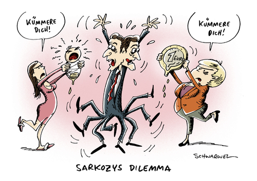 Cartoon: Sarkozys Dilemma (medium) by Schwarwel tagged frankreich,premier,sarkozy,euro,krise,politik,statt,politiker,chef,fuehrung,geld,finanzen,wirtschaft,merkel,angela,angie,karikatur,schwarwel,frankreich,premier,sarkozy,euro,krise,politik,statt,politiker,chef,geld,merkel