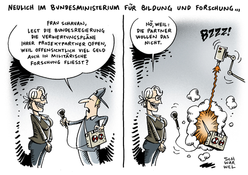 Cartoon: Schavan Sicherheitsforschung (medium) by Schwarwel tagged bundesministerium,bildung,forschung,leitung,schavan,ministerin,sicherheitsforschung,sicherheit,millionen,euro,partner,offenlegung,verwertungspläne,karikatur,schwarwel