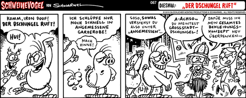 Cartoon: Schweinevogel Der Dschungel ruft (medium) by Schwarwel tagged schweinevogel,iron,doof,witz,cartoon,strip,dschungel,kleidung,outfit,großstadt,fußball,schwarwel