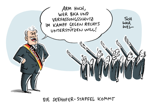 Cartoon: Seehofer BKA Verfassungsschutz (medium) by Schwarwel tagged bundesinnenminister,heimatminister,bundesinnenministerium,seehofer,bka,verfassungsschutz,rechts,rechtsextrem,nazi,nazis,neonazis,rechtsextremismus,rassismus,rassisten,rechtspopulisten,afd,mord,anschlag,terror,terroranschlag,lübcke,snygoge,halle,personal,job,lohn,gehalt,arbeit,bekämpfung,des,extremismus,extremistenorganisationen,stellenaufbau,nsu,nationalsozialistischer,untergrund,flüchtlinge,geflüchtete,ausländer,flüchtlingspolitik,antisemitismus,antisemit,judenhass,judenverfolgung,leugnung,holocaust,rechter,flügel,höcke,von,storch,junge,alternative,cartoon,karikatur,schwarwel,neue,rechte,identitäre,bewegung,rechtsrock,islamismus,polizei,überwachung,netzwerk,bundesinnenminister,heimatminister,bundesinnenministerium,seehofer,bka,verfassungsschutz,rechts,rechtsextrem,nazi,nazis,neonazis,rechtsextremismus,rassismus,rassisten,rechtspopulisten,afd,mord,anschlag,terror,terroranschlag,lübcke,snygoge,halle,personal,job,lohn,gehalt,arbeit,bekämpfung,des,extremismus,extremistenorganisationen,stellenaufbau,nsu,nationalsozialistischer,untergrund,flüchtlinge,geflüchtete,ausländer,flüchtlingspolitik,antisemitismus,antisemit,judenhass,judenverfolgung,leugnung,holocaust,rechter,flügel,höcke,von,storch,junge,alternative,cartoon,karikatur,schwarwel,neue,rechte,identitäre,bewegung,rechtsrock,islamismus,polizei,überwachung,netzwerk