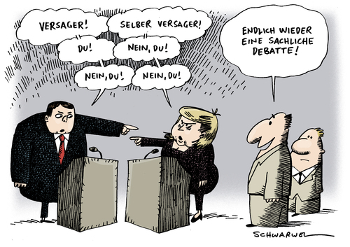 Cartoon: SPD CDU Vorwurf Versagen (medium) by Schwarwel tagged spd,cdu,partei,deutschland,versagen,angela,merkel,politik,politiker,krise,gabriel,podium,debatte,streit,koalition,karikatur,schwarwel,spd,cdu,partei,deutschland,versagen,angela merkel,krise,debatte,podium,sigmar gabriel,angela,merkel,sigmar,gabriel