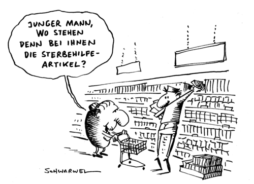 Cartoon: Sterbehilfe-Artikel (medium) by Schwarwel tagged karikatur,schwarwel,sterbehilfe,kaufhaus,oma,rentner,tod,sterbehilfe,kaufhaus,oma,rentner,tod,sterben,alter,alt,großeltern,jenseits,leben,hilfe,krankheit,krank