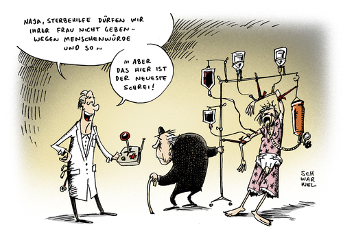 Cartoon: Sterbehilfe (medium) by Schwarwel tagged sterbehilfe,deutschland,verbot,europäischer,gerichtshof,menschenrecht,recht,menschen,human,humanität,justiz,krankheit,alter,tod,tot,sterben,karikatur,schwarwel,sterbehilfe,deutschland,verbot,europäischer,gerichtshof,menschenrecht,menschen