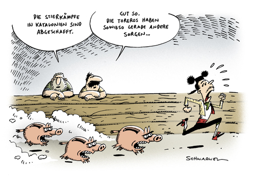 Cartoon: Stierkampf Wirtschaft Krise (medium) by Schwarwel tagged stierkampf,rorero,barcelona,katalonien,spanien,krise,geld,wirtschaft,finanzen,finanzmarkt,schulden,statt,politik,rettungsfond,euro,europäische,union,europa,italien,fond,krisenland,rettungsgipfel,rettungsschirm,kredit,staatsanleihe,ezb,karikatur,schwarwel,stierkampf,barcelona,katalonien,spanien,geld,wirtschaft,finanzen,schulden,finanzmarkt